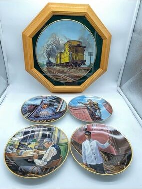 5 Train Railway Theme Decorative Railroad Plates- 1 Framed